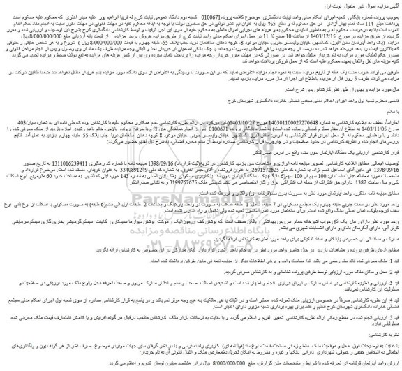 مزایده 100 سهم از 100 سهم(6 دانگ) یک دستگاه آپارتمان بدون سند با کاربری مسکونی