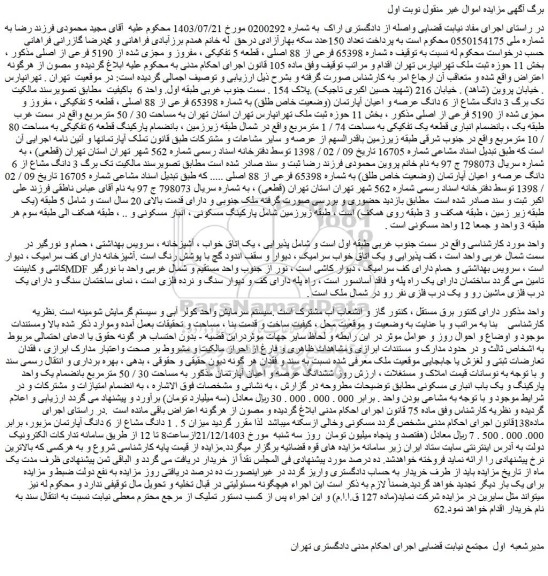 مزایده ششدانگ عرصه و اعیان آپارتمان مذکور به مساحت 30 / 50 مترمربع