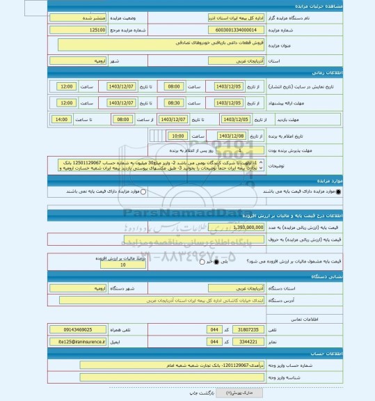 مزایده ، فروش قطعات داغی بازیافتی خودروهای تصادفی