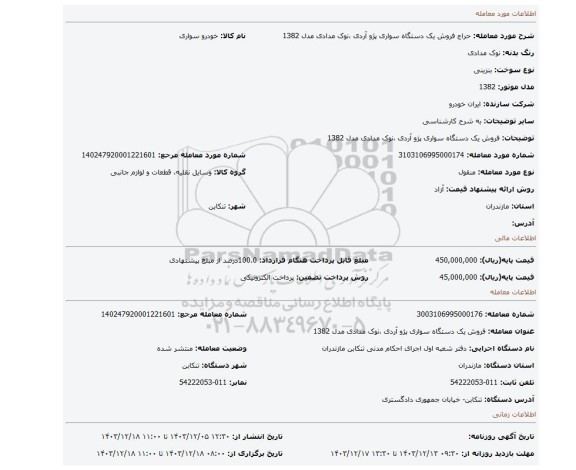 مزایده، فروش یک دستگاه سواری پژو آردی ،نوک مدادی مدل 1382