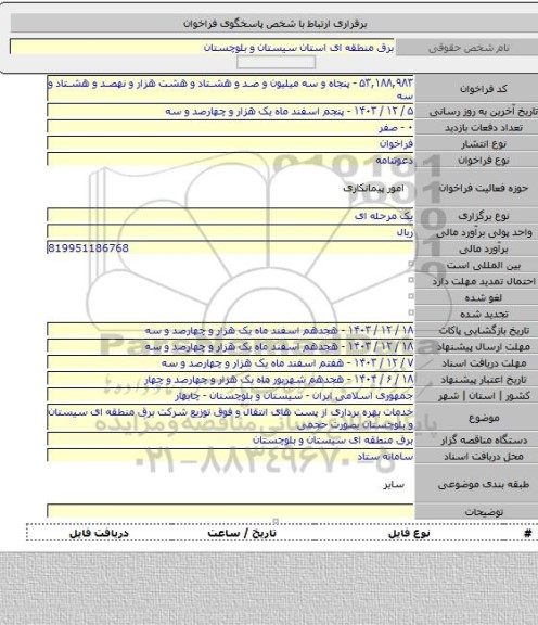 مناقصه, خدمات بهره برداری از پست های انتقال و فوق توزیع شرکت برق منطقه ای سیستان و بلوچستان بصورت حجمی