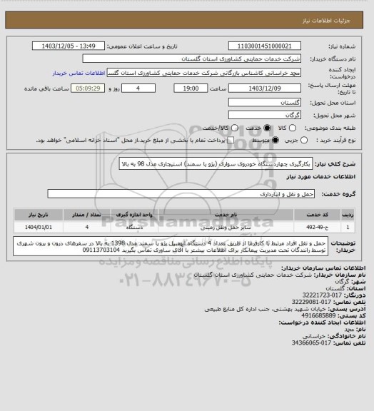 استعلام بکارگیری چهاردستگاه خودروی سواری (پژو یا سمند) استیجاری مدل 98 به بالا
