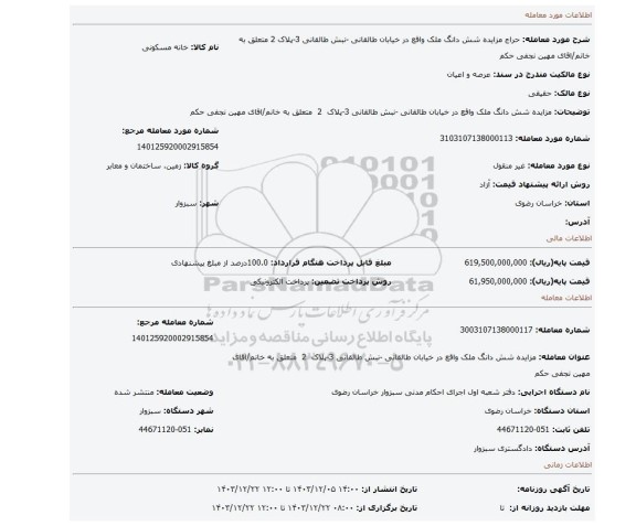 مزایده، مزایده شش دانگ ملک واقع در خیابان طالقانی -نبش طالقانی 3-پلاک  2  متعلق به خانم/اقای مهین نجفی حکم
