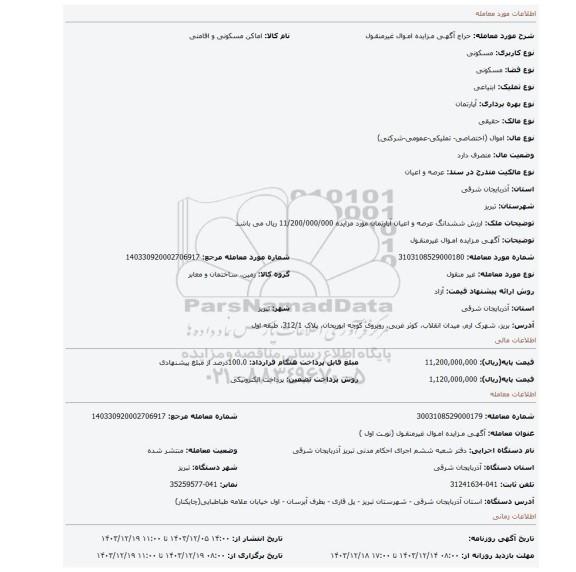 مزایده، آگهـی مـزایده امـوال غیرمنقـول