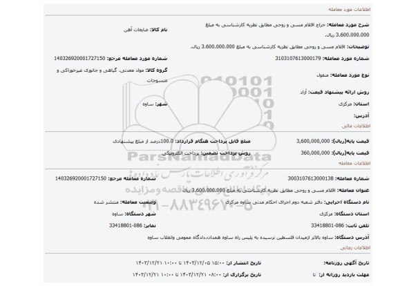 مزایده، اقلام مسی و روحی مطابق نظریه کارشناسی به مبلغ 3.600.000.000 ریال.
