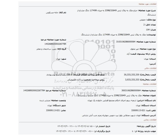 مزایده، ملک به پلاک ثبتی 2398/22649 به میزان 1/7499 دانگ مشاع از ششدانگ