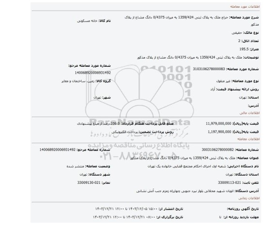مزایده، ملک به پلاک ثبتی 1359/424 به میزان 0/4375 دانگ مشاع از پلاک مذکور