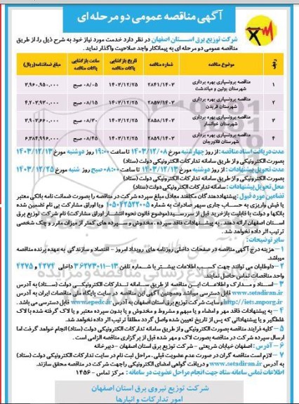 مناقصه برونسپاری بهره برداری شهرستان....