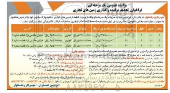تجدید مزایده واگذاری زمین های تجاری