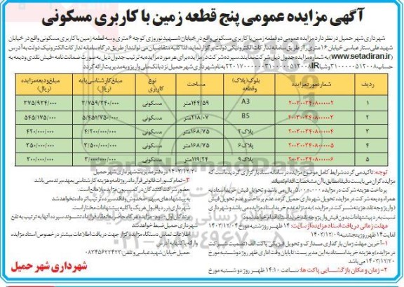 مزایده عمومی پنج قطعه زمین با کاربری مسکونی