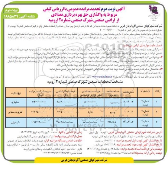 تجدید مزایده حق بهره برداری تعدادی از اراضی صنعتی شهرک صنعتی شماره 2  ... نوبت دوم