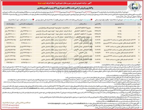 مزایده واگذاری و فروش زمین و مغازه - نوبت دوم 
