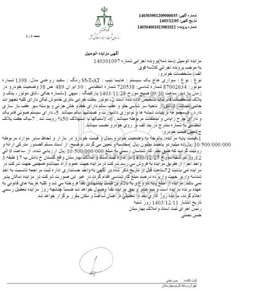 مزایده فروش سواری هاچ بک هایما تیپ 55-T-AT رنگ سفید روغنی 