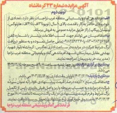 مزایده تعدادی از خودروهای حاضر به کار با قدمت بالای 10 سال (تویوتا 3 اف، 4.5 اف، هایلوکس، و نیسان پیکاپ) - نوبت دوم