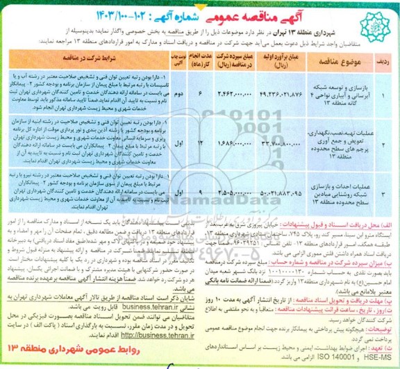 مناقصه بازسازی و توسعه شبکه آبرسانی و آبیاری نواحی 4 گانه...