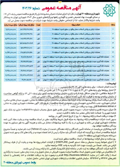 مناقصه عملیات تراش و روکش  آسفالت...