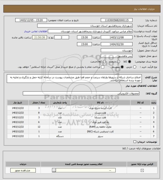 استعلام اصلاح ساختار شبکه و سرورها وارتقاء سرعت و حجم فضا طبق مشخصات پیوست در سامانه کرایه حمل و بارگیری و تخلیه به عهده برنده استعلام میباشد.