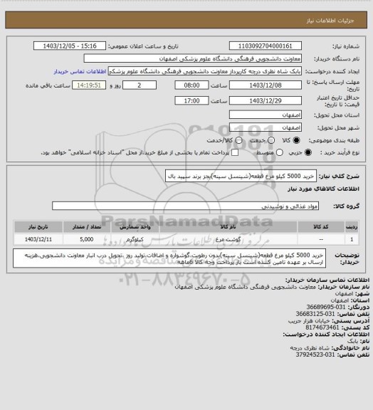 استعلام خرید 5000 کیلو مرغ قطعه(شینسل سینه)بجز برند سپید بال