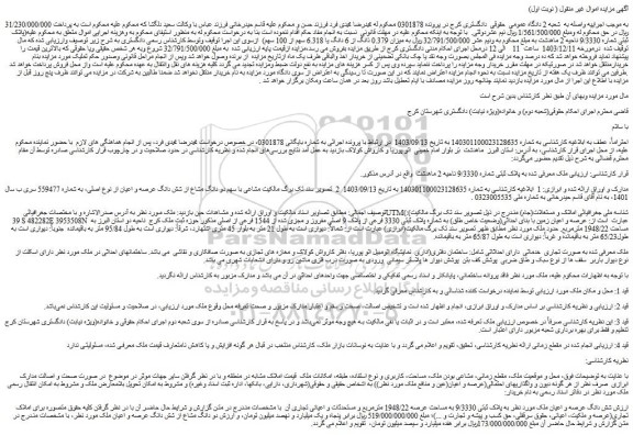 مزایده شش دانگ عرصه و اعیان ملک