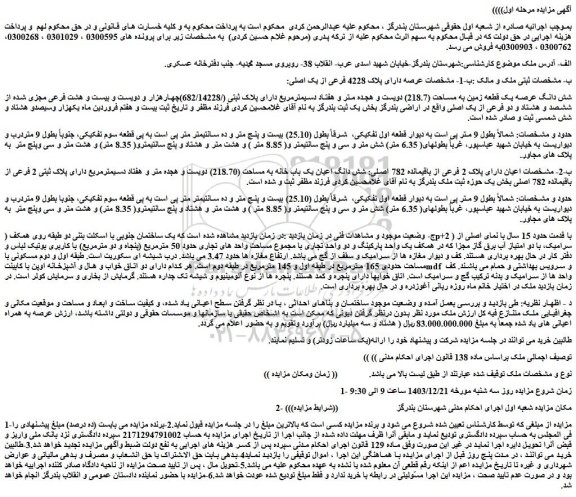 مزایده شش دانگ عرصه یک قطعه زمین به مساحت (218.7) دویست و هجده متر و هفتاد دسیمترمربع دارای پلاک ثبتی (/682/14228)چهارهزار و دویست و بیست و هشت فرعی مجزی شده از ششصد و هشتاد و دو فرعی از یک اصلی