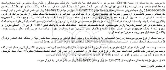 مزایده ملک مساحت واحد مسکونی طبقه  برابر 46.59مترمربع