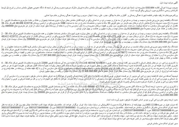 مزایده ششدانگ یکقطعه زمین مزروعی بشماره سیصد و بیست و سه فرعی از سه هزار و سیصد و نود و نه اصلی