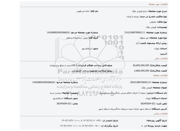 مزایده، فروش ملک