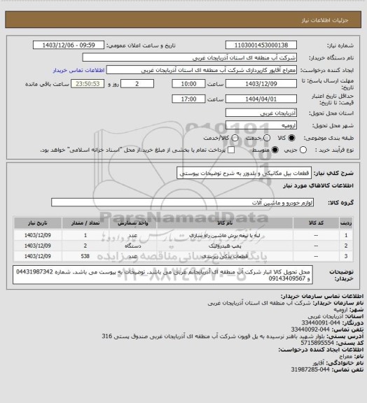 استعلام 	قطعات بیل مکانیکی و بلدوزر به شرح توضیحات پیوستی