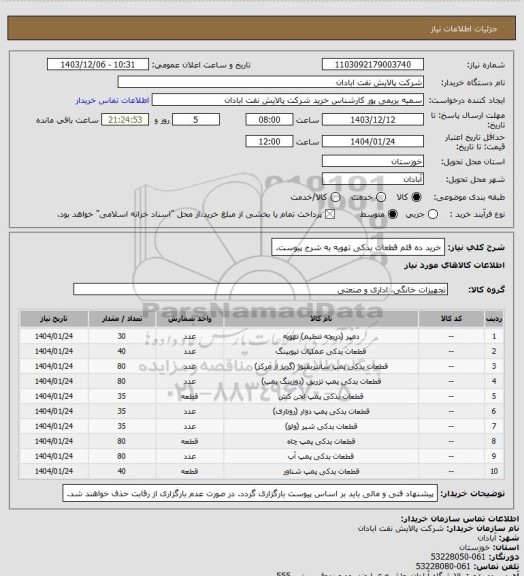 استعلام خرید ده قلم قطعات یدکی تهویه به شرح پیوست.