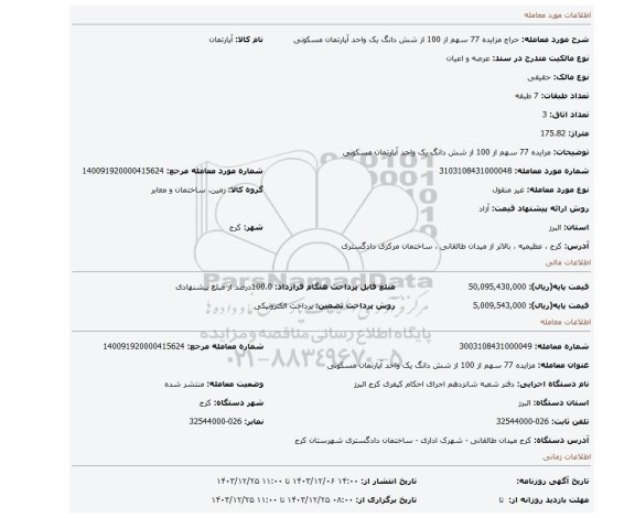 مزایده، مزایده 77 سهم از 100 از شش دانگ یک واحد آپارتمان مسکونی