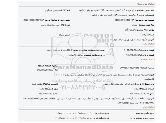 مزایده، مزایده 5 دانگ زمین به مساحت 21/67 متر مربع واقع در لنگرود