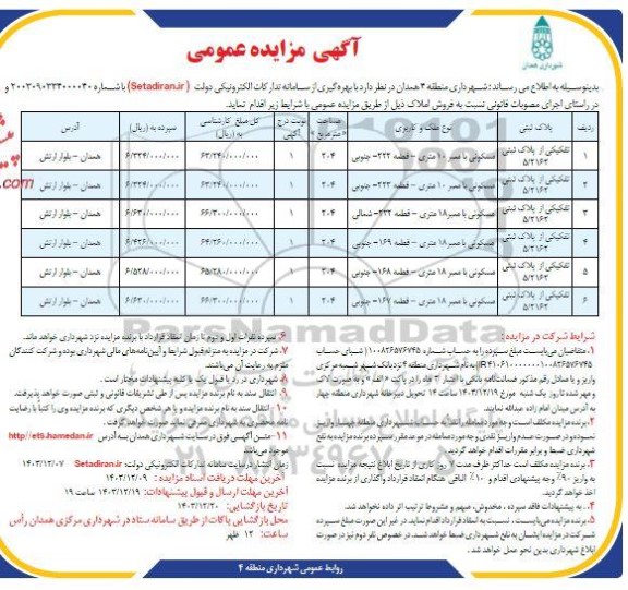 مزایده فروش املاک با کاربری مسکونی به پلاک ثبتی 5.2162