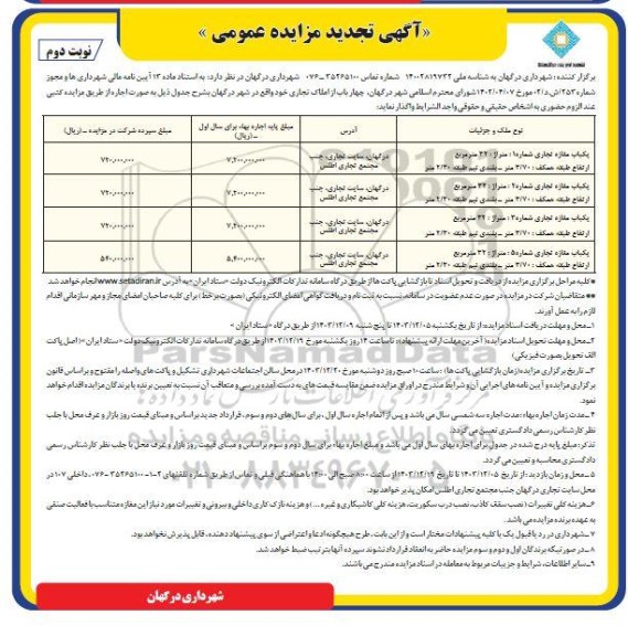 مزایده عمومی اجاره چهار باب از املاک تجاری - تجدید - نوبت دوم