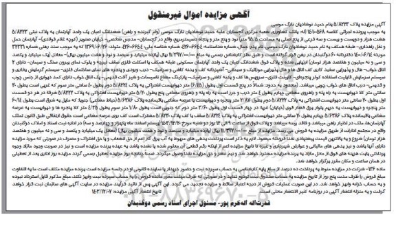 مزایده ششدانگ اعیان یک واحد آپارتمان پلاک ثبتی 5.8223 اصلی