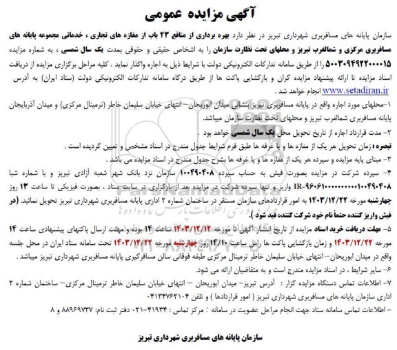 مزایده بهره برداری از منافع 23 باب از مغازه های تجاری، خدماتی