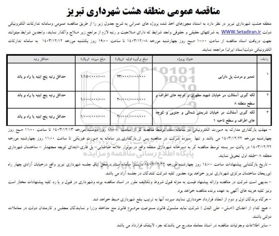 مناقصه تعمیر و مرمت پل دارایی ...