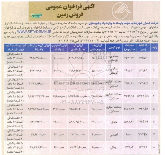 فراخوان عمومی فروش زمین - نوبت دوم
