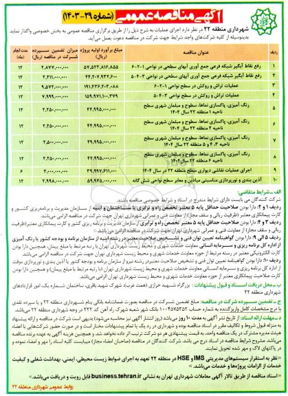 مناقصه رفع نقاط آبگیر شبکه فرعی جمع آوری آبهای سطحی در نواحی 1-2-6 و...