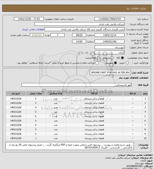 استعلام SPEARE PART FOR GAS ALTER BW