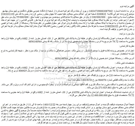 مزایده شش دانگ عرصه و اعیان یکدستگاه آپارتمان