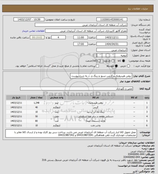 استعلام روغن هیدرولیک و گریس نسوز و رینگ و ... به شرح پیوست