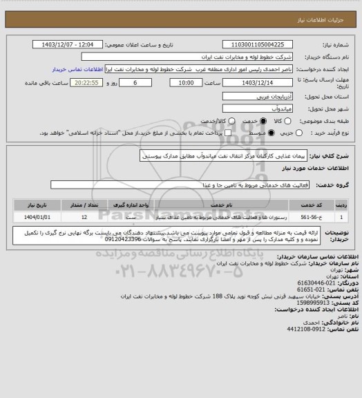 استعلام پیمان غذایی کارکنان مرکز انتقال نفت میاندوآب مطابق مدارک پیوستی