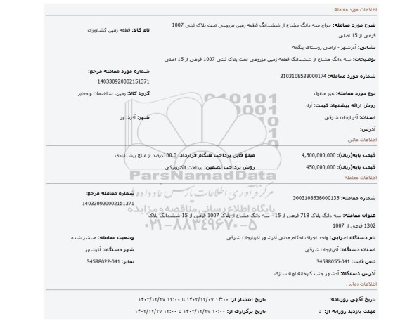 مزایده، سه دانگ مشاع از ششدانگ قطعه زمین مزروعی تحت پلاک ثبتی 1007 فرعی از 15 اصلی
