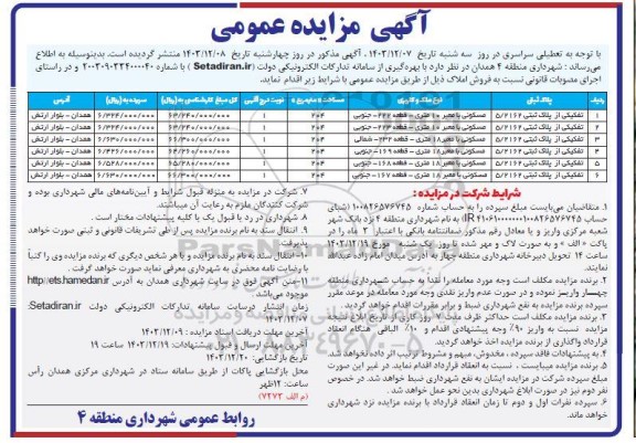 مزایده فروش املاک کاربری مسکونی مساحت 204 
