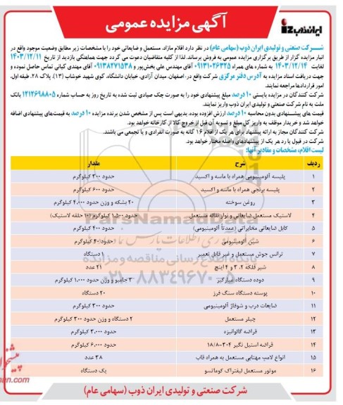 مزایده پلیسه آلومینیومی همراه با ماسه و اکسید......