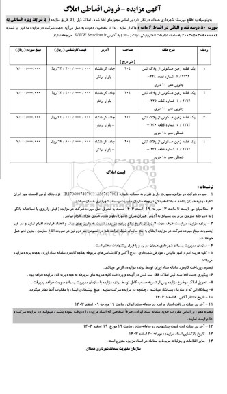 مزایده فروش اقساطی املاک با مساحت 204