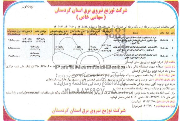 مناقصه خرید یک دستگاه پست کمپکت 800 کاوا...