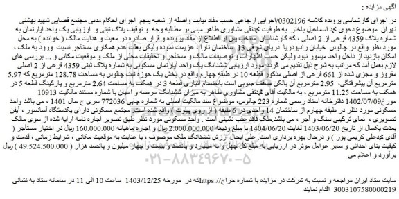 مزایده یک واحد آپارتمان به شماره پلاک 4359 فرعی از 2 اصلی