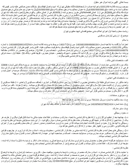 مزایده ششدانگ یک دستگاه آپارتمان
