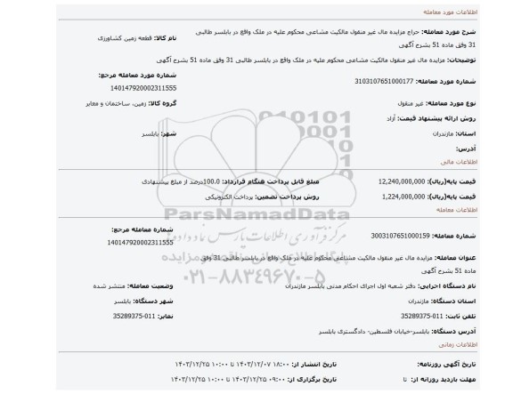 مزایده، مزایده مال غیر منقول مالکیت مشاعی محکوم علیه در ملک واقع در بابلسر طالبی 31 وفق ماده 51 بشرح آگهی
